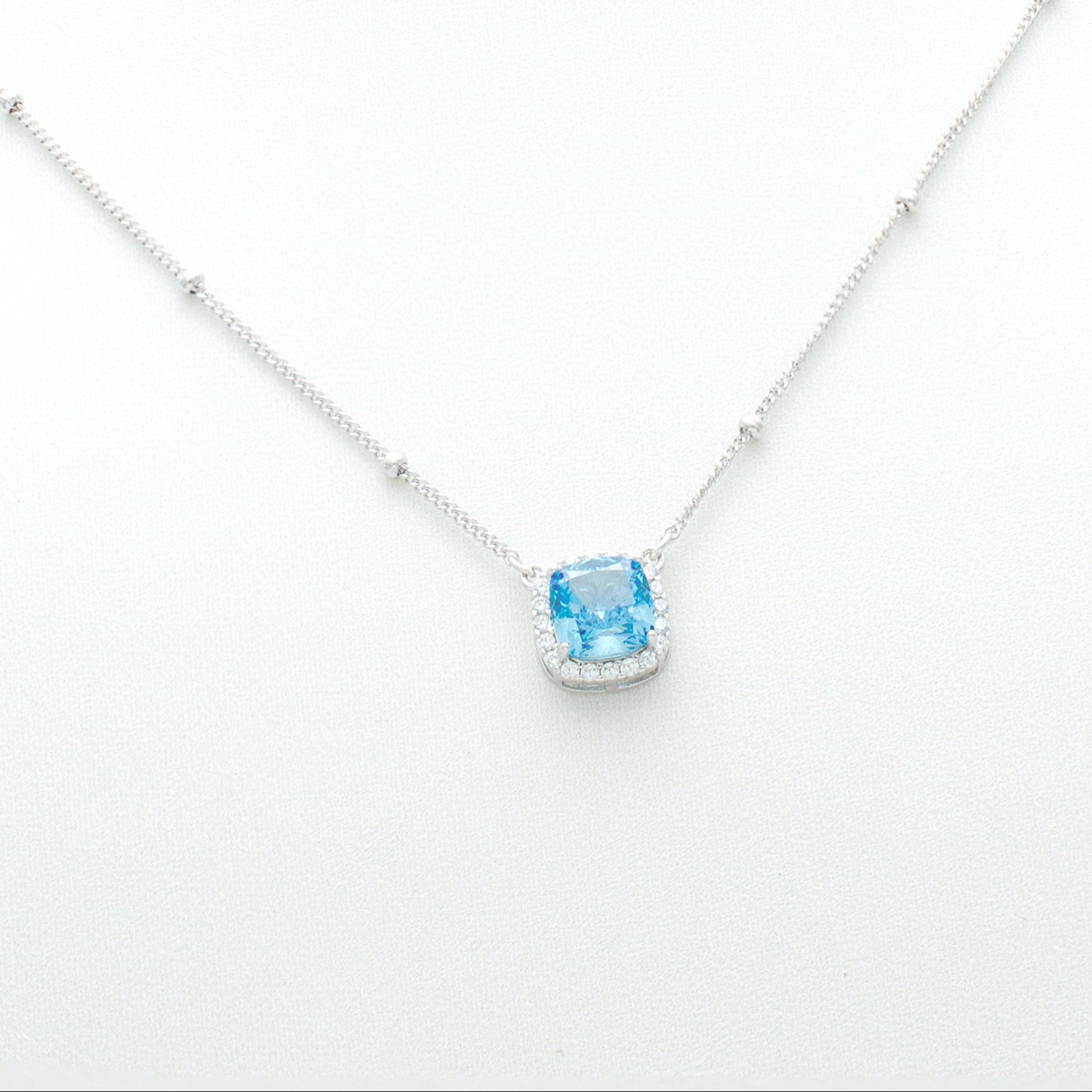 Blue Cubic Zirconia Halo Pendant Necklace