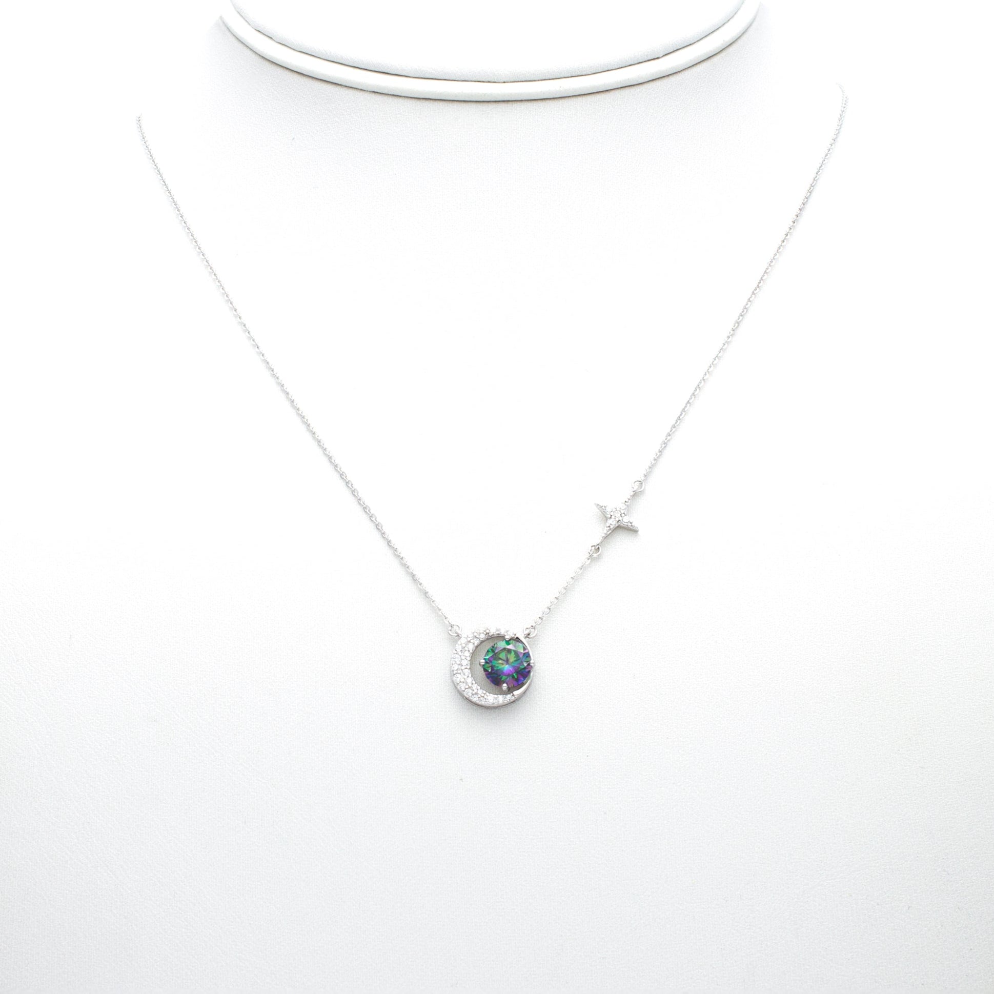 Celestial Moon & Green Star Pendant Necklace in Sterling Silver