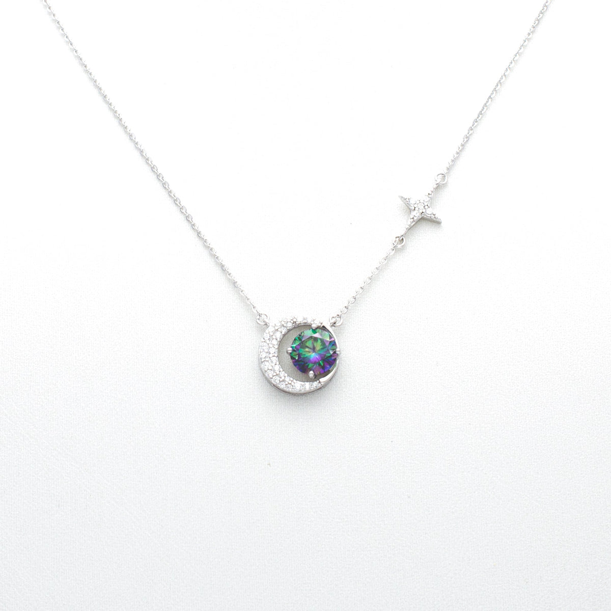 Celestial Moon & Green Star Pendant Necklace in Sterling Silver