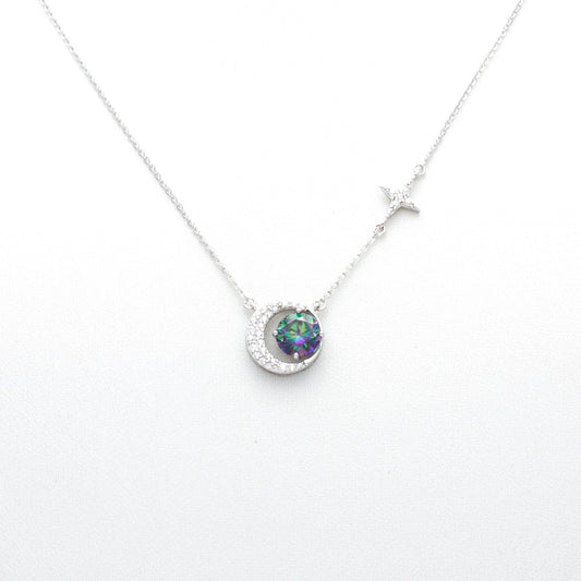 Celestial Moon & Green Star Pendant Necklace in Sterling Silver
