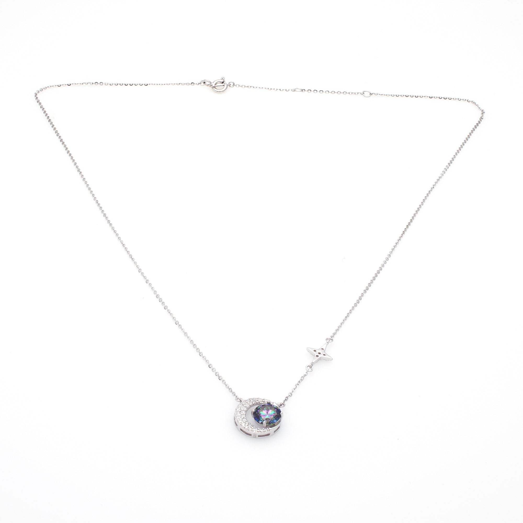 Celestial Moon & Green Star Pendant Necklace in Sterling Silver