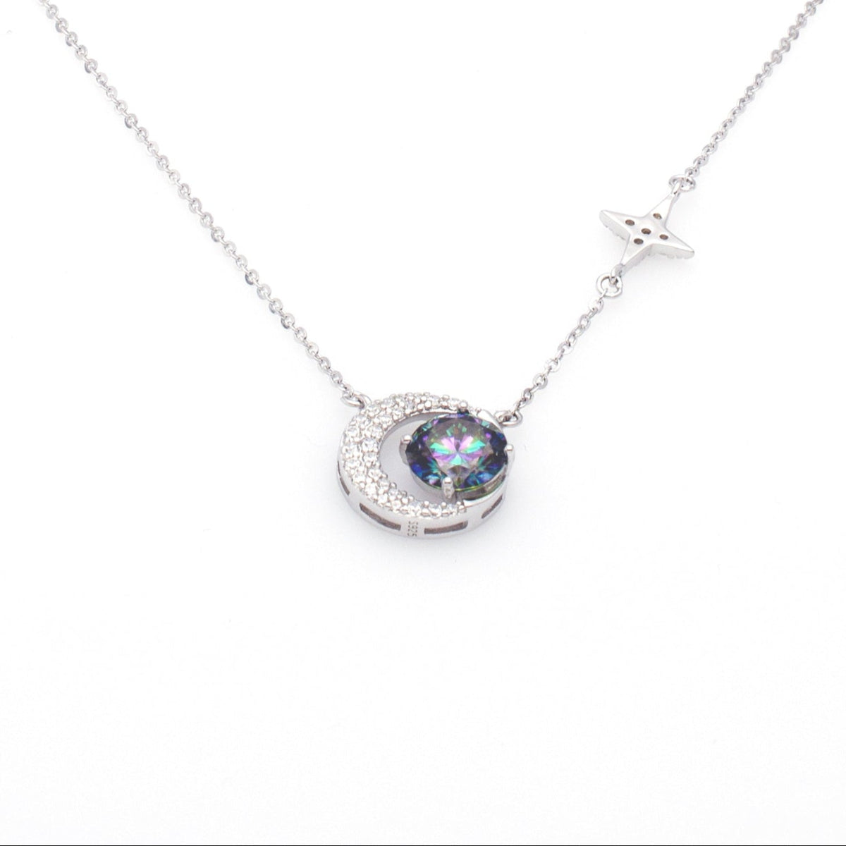 Celestial Moon & Green Star Pendant Necklace in Sterling Silver