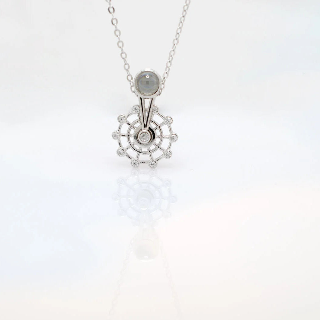 Ferris Wheel Silver Necklace - 100 Languages I Love You Cubic Zirconia Pendant Sterling Silver Necklace.  Great Wheel Silver Necklace